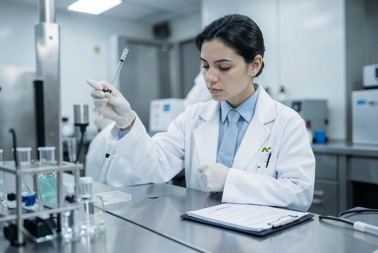 Quality control analyst inspecting a sample in a laboratory