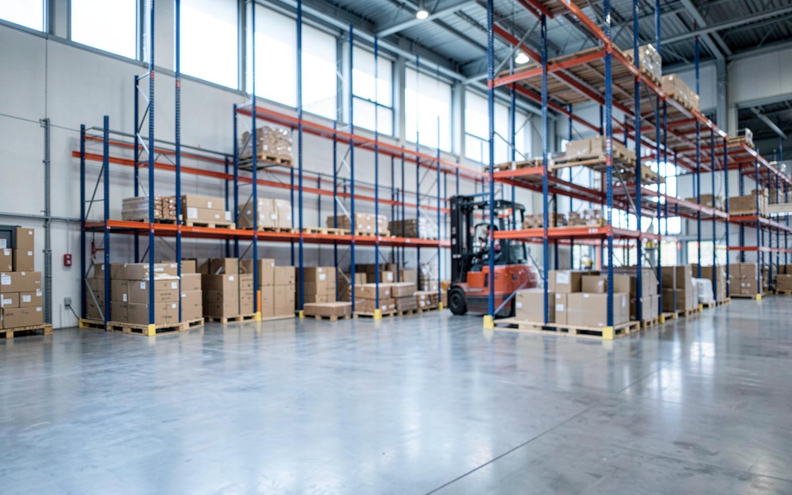 Palletized finished goods in warehouse racking
